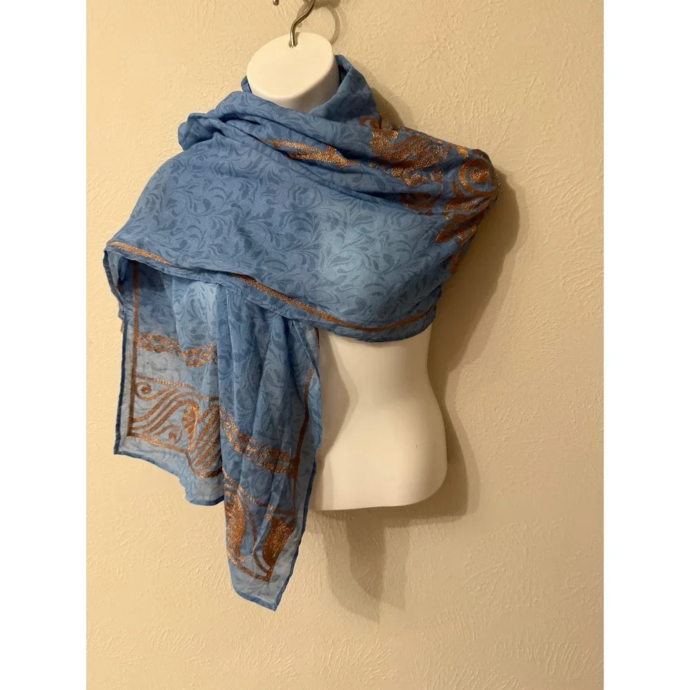 Soft Surroundings Blue Damask Scarf Copper Metallic Embroidered Wrap Rectangular